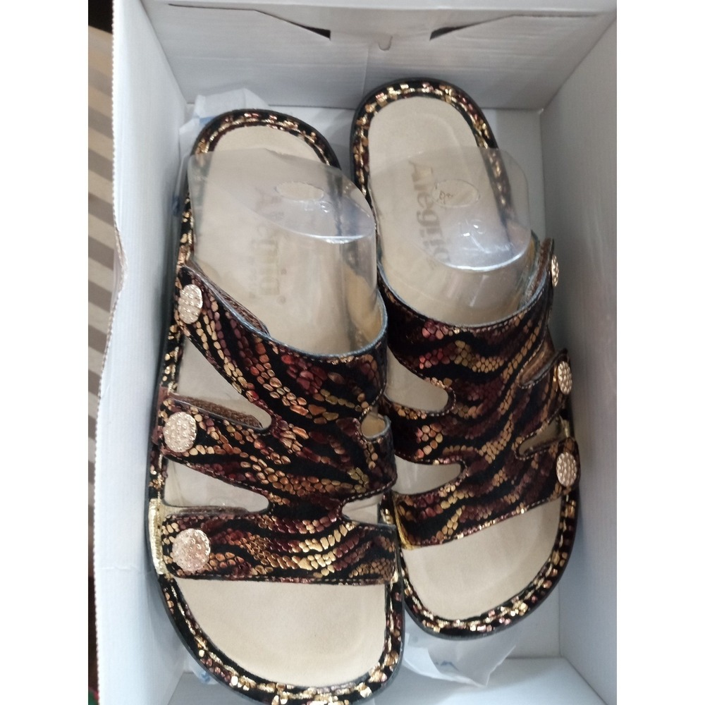 Alegria Women Metallic Snakeskin Print Slide Sandals Bronze Gold Black Platform